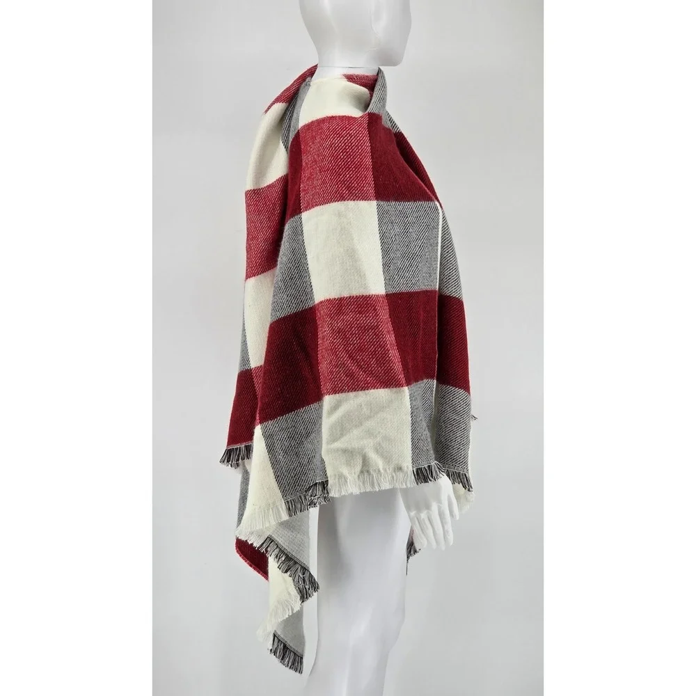 Banana Republic Blanket Shawl‎ Wrap with Fringe - Red, Black, & White Plaid